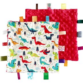 1 PC Red Dinosaur Baby Tag Blanket, Cute Label Blanket, Small Tags Security Blanket for Kids Toddlers Gift(9.84x9.84inch)