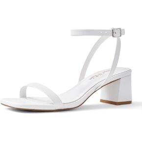 Shoe'N Tale White Heels for Women Low Chunky Block Heel Square Open Toe Heeled Sandals