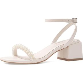 Shoe'N Tale White Heels for Women Low Chunky Block Heel Square Open Toe Heeled Sandals