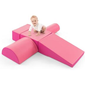HONEY JOY 5-Piece Climb and Crawl Playset, Soft Climbing Foam Block Activity Play Structure Gym Equipment for Infant Baby, Color Coordination, Waterproof Indoor Climbing Toys for Toddlers (Pink) in Kuwait
