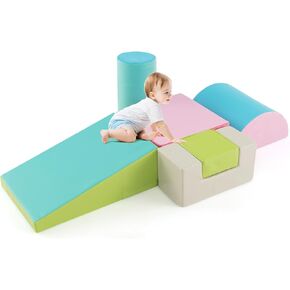 HONEY JOY 5-Piece Climb and Crawl Playset, Soft Climbing Foam Block Activity Play Structure Gym Equipment for Infant Baby, Color Coordination, Waterproof Indoor Climbing Toys for Toddlers (Pink)