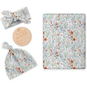 Muslin Swaddle Blanket with Hat and Headband Bow, Floral Pattern Swaddle Set for Baby Boys ＆ Girls, Unisex Newborn Soft Receiving Swaddle Wrap, 47x47 inches