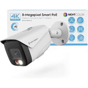 Amcrest UltraHD 4K (8MP) IP PoE AI Camera, FOV 129°, 49ft Color Nightvision, Security Outdoor Bullet Camera, Human & Vehicle Detection, Active Deterrent, 4K @15fps, IP8M-2796EW-AI (White)