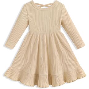 Toddler Girl Casual Solid A-line Twirly Dress Long Sleeve Skater Ruffle Hem Dresses Fall Outfit(Beige 18-24 Months)