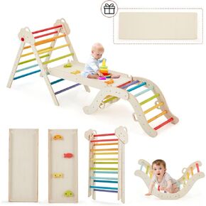 Pikler Triangle Set with Cushion, 7 in 1 Foldable Baby Climbing Toys, Wooden Montessori Climbing Set with Arch, Ramp and Ladder, Indoor Playground for Toddlers, Rainbow