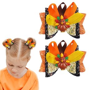 Thanksgiving Hair Bow Clips Glitter Turkey Hair Bow Alligator Clips for Baby Girls Sparkly Orange Fall Cheer Bowknot Hairpins for Autumn Thanksgiving Hair Accessories Party Favor Gift 2PCS