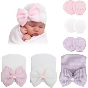 DRESHOW BQUBO 3 Pack Newborn Hospital Hat and Mittens Infant Baby Beanie with Bow Soft Cute Knot Nursery Cap