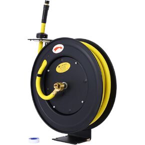 Retractable Air Hose Reel, 1/2 Inch x 50 Ft Auto Rewind Hose-Reel Max 300PSI, Heavy Duty Steel Air Hose Reel, Industrial Grade Rubber Hose, Ceiling/Wall Mount Heavy Duty Single Arm Steel Reel