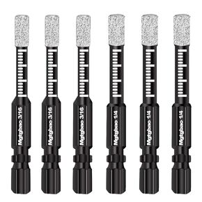 Mgtgbao 6pc Dry Diamond Drill Bits Set，3pc 3/16’’ 5mm & 3pc 1/4’’ 6mm Hex Shank Core Drill Bit Brazed with Cooling Wax for Porcelain Tile Ceramic Concrete Granite Marble Hard Materials (not for Wood).