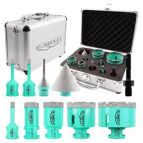 Diamond Core Drill Bits Set 10pcs Tile Hole Saw Kit 5/8"-11 Thread(6/6/8/25/35/50/65mm+6-25mm Milling Bit+50mm Chamfer Bits+SDS Plus Adapter)