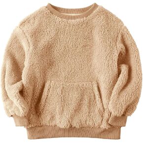Baby Kids Boys Girls Fuzzy Sherpa Pullover Sweatshirts Crew Neck Sport Front Pocket Fall Winter Warm Tops Khaki