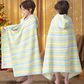 VOOVA & MOVAS Kids Beach Towels with Hood Lightweight - 100% Cotton (3-10Years) - Quick Dry Absorbent Towel for Pool | Swim | Beach | Bath, Boys Wrap Towel with Hood, Yellow Blue Stripe