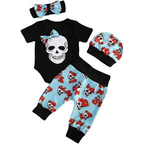 Yuemengxuan 4PCS Infant Newborn Baby Boys Girl Skull Romper+Pants+Hat+Mitten or Headband Halloween Clothes Outfit Set