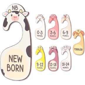 Baby Animal Closet Dividers - Set of 8 Wooden Baby Clothes Size Hangers Organizer, Double-Sided from Newborn to 24+ Months, Nursery Decor and Baby Clothes Organization for Boys & Girls
