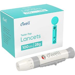 O'WELL Lancing Device Kit + 100 O'WELL Sterile Twist Top Lancets, 28 Gauge (for Regular-Thicker Skin)