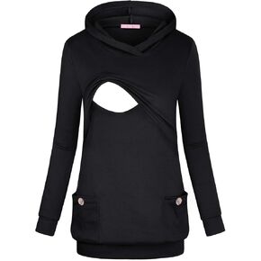 Joymom Maternity Sweatshirts for Women, Pregnancy V Neck Long Sleeve Pullover Hoodie Nursing Tops with Pockets Lightweight Silky Cotton Blend Breastfeeding Tunic Leisure Travel Wear Black XX-Large