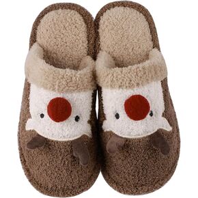 Women's Christmas Reindeer Fuzzy Slippers Cute Warm House Slippers Stuffed Animal Bedroom Slippers Indoor Shoes