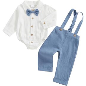 SHIBAOZI Baby Boy Clothes Set Lapel Neck Button Romper Bowtie Shirts Suspenders Pants Infant Toddler Wedding Outfit