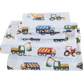 Fancy Linen Crib Sheet Set Flat Fitted and Pillow Case Set for Boys/Girls Multi Color Under Construction Zone Excavators Dumping Trucks Tractors Light Blue Red Yellow Dark Blue New