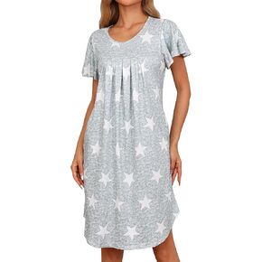 cheibear Womens Pleated Front Loose Fit Short Sleeve Nightgowns House Dress Loose Nightshirt with Hand Pockets
