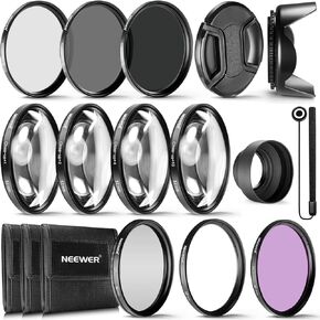 NEEWER 52mm ND/CPL/UV/FLD/Close Up Filter and Lens Accessories Kit with ND2 ND4 ND8, Close Up Filters(+1/+2/+4/+10), Tulip Lens Hood, Collapsible Rubber Lens Hood, Lens Cap, Filter Pouch