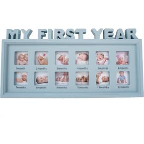 Beddinginn My First Year Picture Frame, 12-Month Milestone Keepsake Photo Collage Frame with 1.6 x 1.6 Inches Photo Windows, Teal Blue