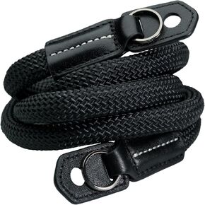 Sheetline Black Rope Camera Strap w/Nappa Leather Ends built in tension relief & electroplated key rings (Black w/White Stitching)