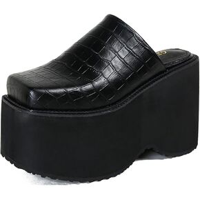 Women's Leather Print Platform High Heel Mules Fashion Closed Square Toe Slip On Wear-Resistant Chunky Increase Height Clogs for Outdoor Office Dress Slippers