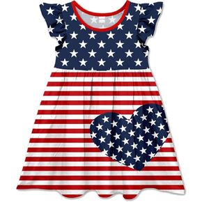 Baby Girls 4th of July Dress Kids American Flag Patriotic Stars Striped Dresses Toddler Independence Day Outfits 1-8 Years
