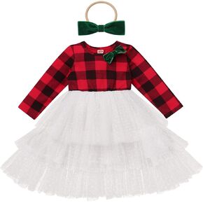IDOPIP Toddler Baby Girls Christmas Plaid Tutu Dress with Headband Long Sleeve Princess Birthday Party Dresses Fall Clothes