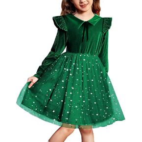 Toddler Baby Girls Dress Tulle Tutu Velvet Tie Collar Button Ruffle Long Sleeve Stars Princess Party Dresses in Kuwait
