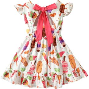 Little Girls A-Line Dresses Girls Summer Casual Ruffle Sleeve Sundress Kids Birthday Party Outfits Clothes