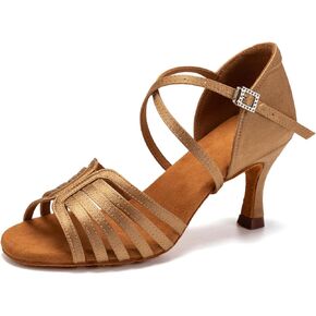 Women's Latin Dance Shoes Satin Salsa Bachata Performance Practice Ballroom Dancing Shoes,Model EM-Suede Sole-3"Heel