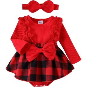 Ayalinggo Newborn Baby Girl Christmas Outfit Rib Plaid Romper Patchwork Dress Crewneck Sweater Bow Headband Clothes Sets