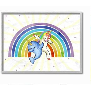 Stupell Industries Unicorn and Narwhal Fantasy Design Dab Dance Rainbow, Designed by Ziwei Li Wall Art, 11x14, Grey Framed