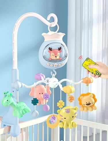 Baby Crib Mobile with Music and Lights, Baby Mobile for Crib with Remote Control, Hanging Rotating Animal Rattles, 50 Songs and Timing Function, Cartoon Baby Crib Toys for Girls (Baby Blue) in Saudi Arabia