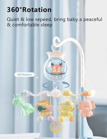 Baby Crib Mobile with Music and Lights, Baby Mobile for Crib with Remote Control, Hanging Rotating Animal Rattles, 50 Songs and Timing Function, Cartoon Baby Crib Toys for Girls (Baby Blue) in Saudi Arabia