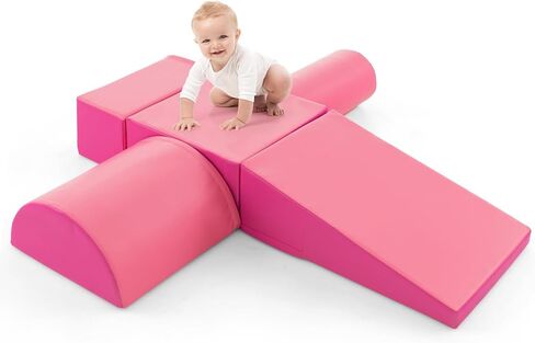 HONEY JOY 5-Piece Climb and Crawl Playset, Soft Climbing Foam Block Activity Play Structure Gym Equipment for Infant Baby, Color Coordination, Waterproof Indoor Climbing Toys for Toddlers (Pink) in Kuwait