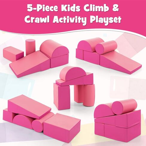 HONEY JOY 5-Piece Climb and Crawl Playset, Soft Climbing Foam Block Activity Play Structure Gym Equipment for Infant Baby, Color Coordination, Waterproof Indoor Climbing Toys for Toddlers (Pink) in Kuwait
