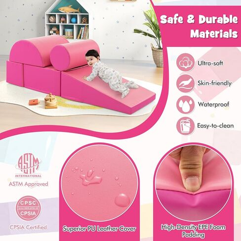 HONEY JOY 5-Piece Climb and Crawl Playset, Soft Climbing Foam Block Activity Play Structure Gym Equipment for Infant Baby, Color Coordination, Waterproof Indoor Climbing Toys for Toddlers (Pink) in Kuwait