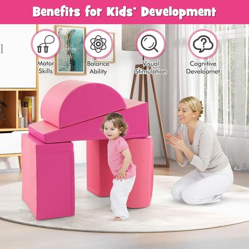 HONEY JOY 5-Piece Climb and Crawl Playset, Soft Climbing Foam Block Activity Play Structure Gym Equipment for Infant Baby, Color Coordination, Waterproof Indoor Climbing Toys for Toddlers (Pink) in Kuwait