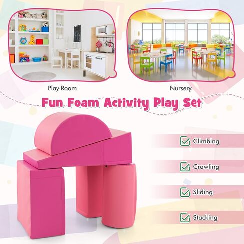 HONEY JOY 5-Piece Climb and Crawl Playset, Soft Climbing Foam Block Activity Play Structure Gym Equipment for Infant Baby, Color Coordination, Waterproof Indoor Climbing Toys for Toddlers (Pink) in Kuwait