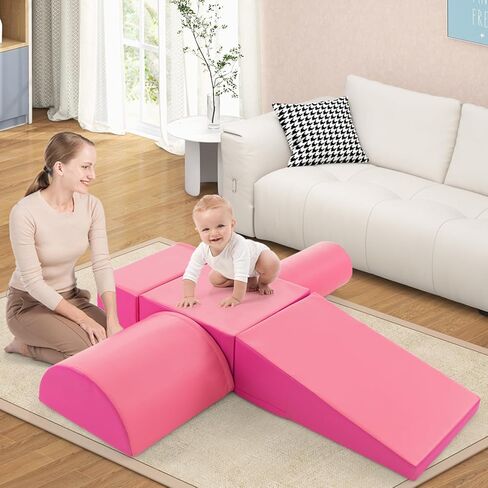 HONEY JOY 5-Piece Climb and Crawl Playset, Soft Climbing Foam Block Activity Play Structure Gym Equipment for Infant Baby, Color Coordination, Waterproof Indoor Climbing Toys for Toddlers (Pink) in Kuwait
