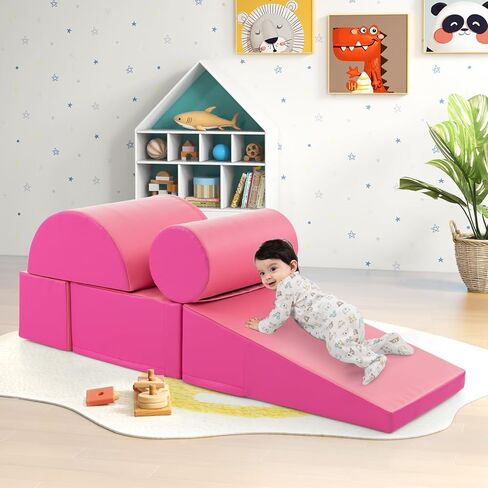 HONEY JOY 5-Piece Climb and Crawl Playset, Soft Climbing Foam Block Activity Play Structure Gym Equipment for Infant Baby, Color Coordination, Waterproof Indoor Climbing Toys for Toddlers (Pink) in Kuwait