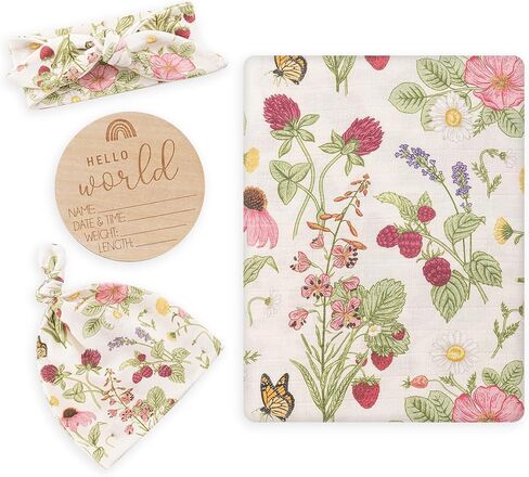 Muslin Swaddle Blanket with Hat and Headband Bow, Floral Pattern Swaddle Set for Baby Boys ＆ Girls, Unisex Newborn Soft Receiving Swaddle Wrap, 47x47 inches in Saudi Arabia
