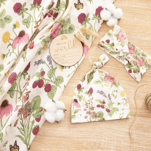 Muslin Swaddle Blanket with Hat and Headband Bow, Floral Pattern Swaddle Set for Baby Boys ＆ Girls, Unisex Newborn Soft Receiving Swaddle Wrap, 47x47 inches in Saudi Arabia