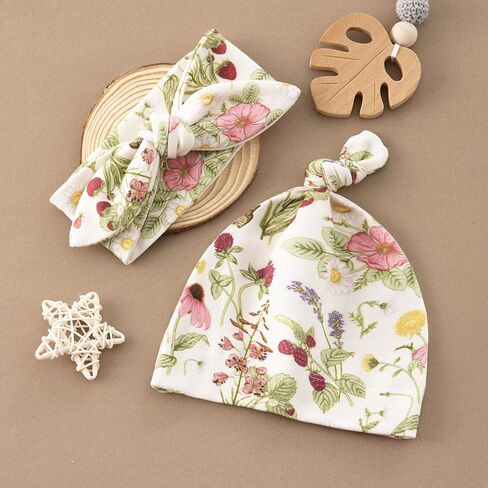 Muslin Swaddle Blanket with Hat and Headband Bow, Floral Pattern Swaddle Set for Baby Boys ＆ Girls, Unisex Newborn Soft Receiving Swaddle Wrap, 47x47 inches in Saudi Arabia