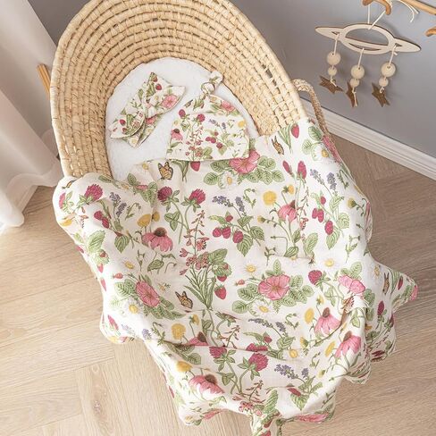 Muslin Swaddle Blanket with Hat and Headband Bow, Floral Pattern Swaddle Set for Baby Boys ＆ Girls, Unisex Newborn Soft Receiving Swaddle Wrap, 47x47 inches in Saudi Arabia