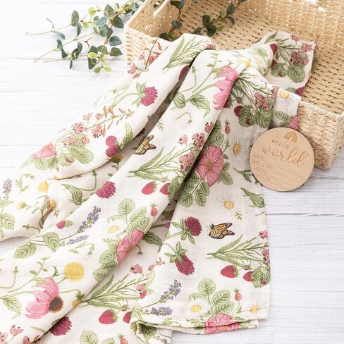 Muslin Swaddle Blanket with Hat and Headband Bow, Floral Pattern Swaddle Set for Baby Boys ＆ Girls, Unisex Newborn Soft Receiving Swaddle Wrap, 47x47 inches in Saudi Arabia