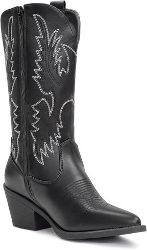 Cowboy Boots For Women Western Cowgirl Boots Pull On Pointy Toe Mid Calf | Embroidered Chunky Heel Classic Booties in Saudi Arabia